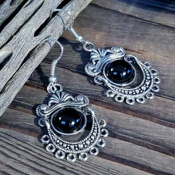Handcrafted Antique Silver Plated Black Porcelain Stone Dangle Earrings - Picture 1 of 8